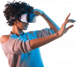 Woman using VR headset with one arm outstretched